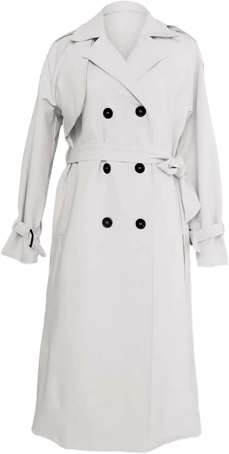 Miyaomn Women Double Breasted Long Trench Coat Windproof Classic Autumn Notched Lapel Belted Long Sleeve Slim Jacket Overcoat