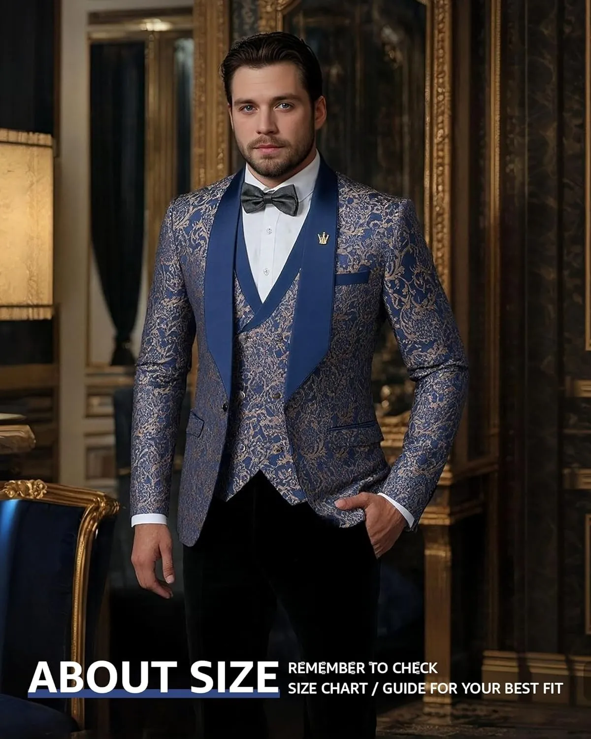 MY'S Men's Floral Suit, 3 Piece Slim Fit Paisley Tuxedo, Jacket Pants Vest with Bow Tie for Wedding Prom Dinner