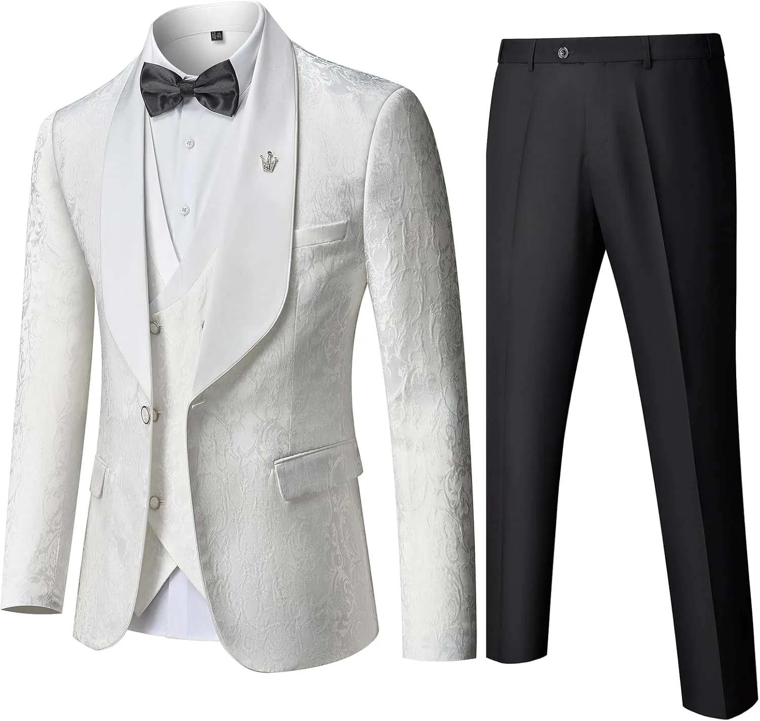 MY'S Men's Floral Suit, 3 Piece Slim Fit Paisley Tuxedo, Jacket Pants Vest with Bow Tie for Wedding Prom Dinner