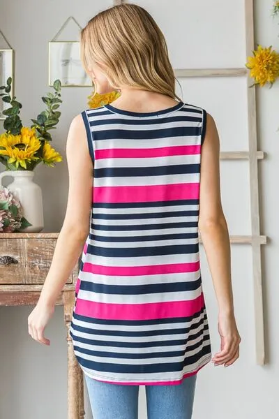 Navy/Fuchsia Striped Twist Knot Round Neck Tank