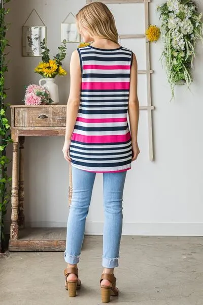 Navy/Fuchsia Striped Twist Knot Round Neck Tank