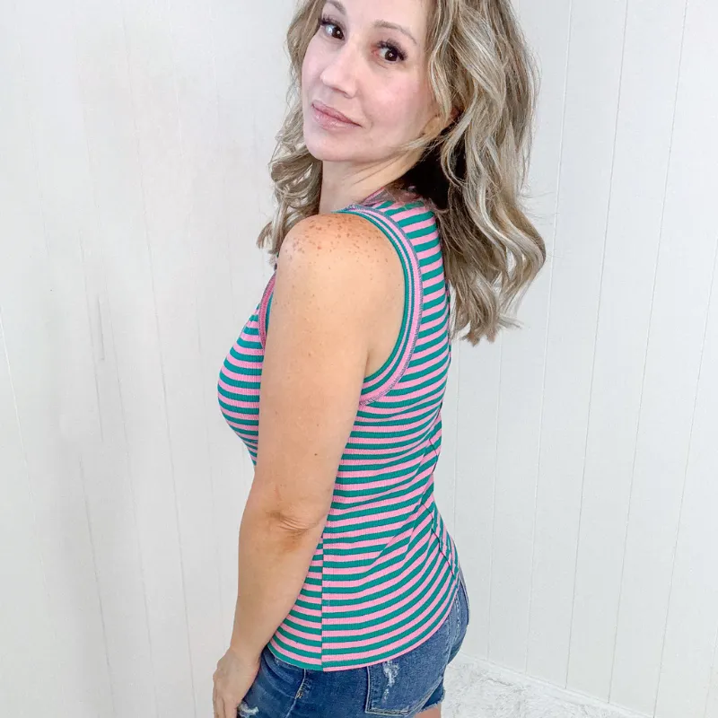 Pink and Green Striped Delight Striped Ribbed Tank Top