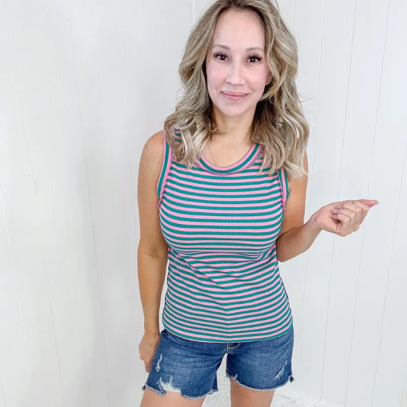 Pink and Green Striped Delight Striped Ribbed Tank Top
