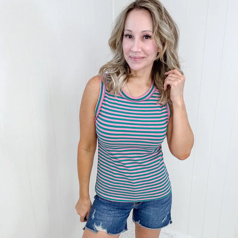 Pink and Green Striped Delight Striped Ribbed Tank Top