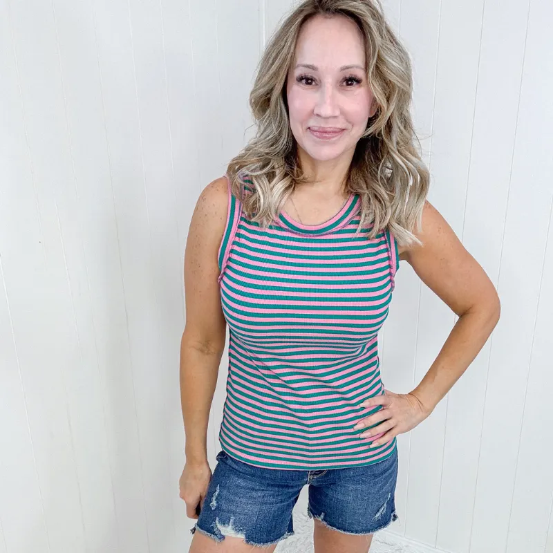 Pink and Green Striped Delight Striped Ribbed Tank Top