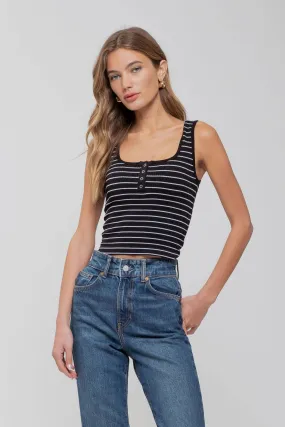 STRIPED SCOOP NECK HENLEY RIB KNIT TANK TOP