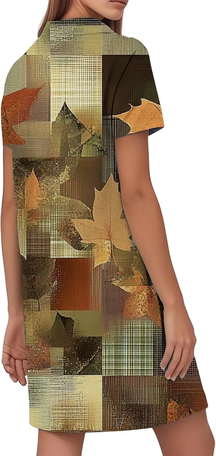 Summer Dresses for Women Casual Short Sleeve Lapel V-Neck Tshirt Dress Chic Collared Boho Floral Beach Sundress