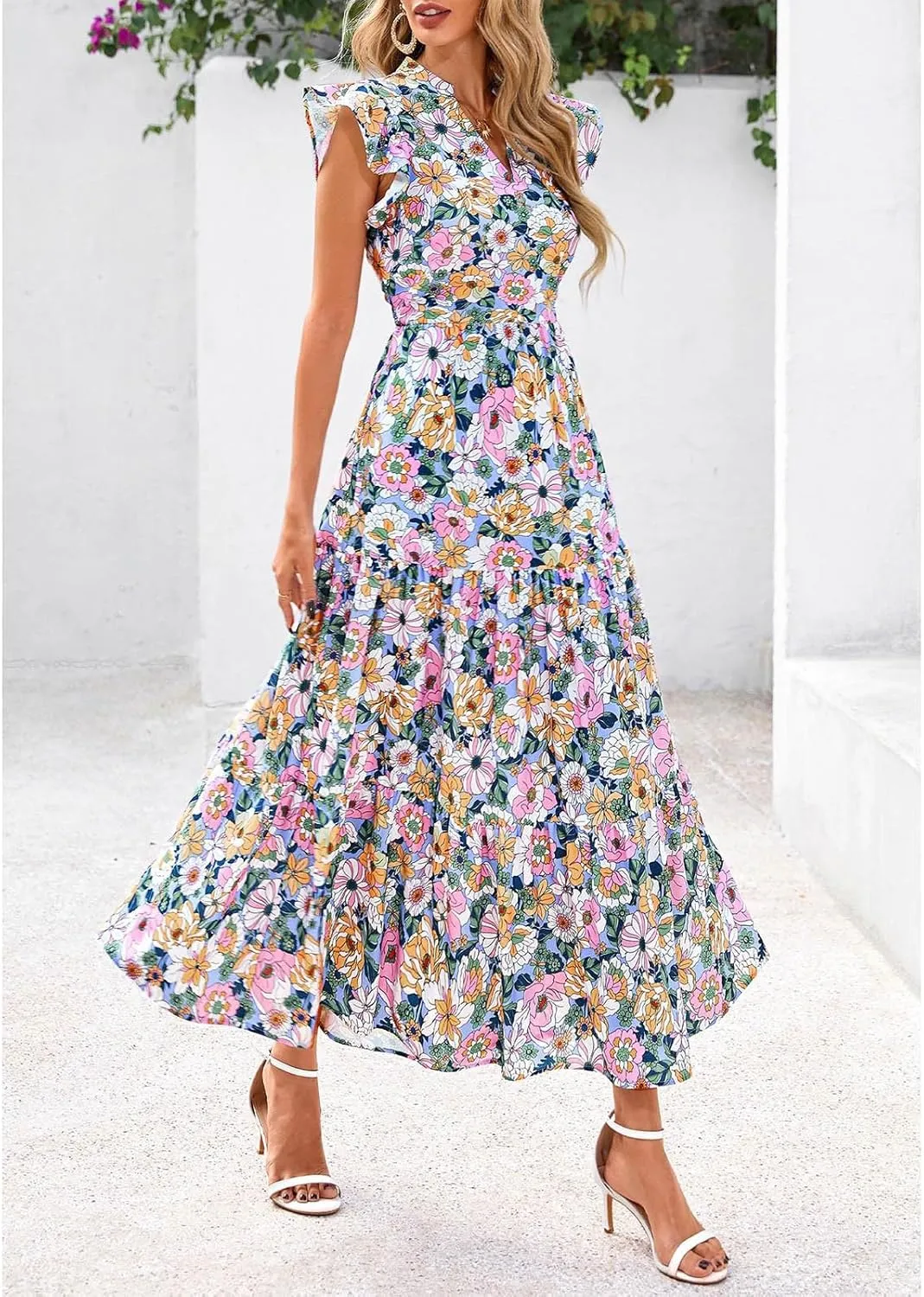 Summer Midi Dresses for Women 2025 Casual Boho Floral Beach Vacation Sundress V Neck Cap Sleeve Flowy Long Dresses