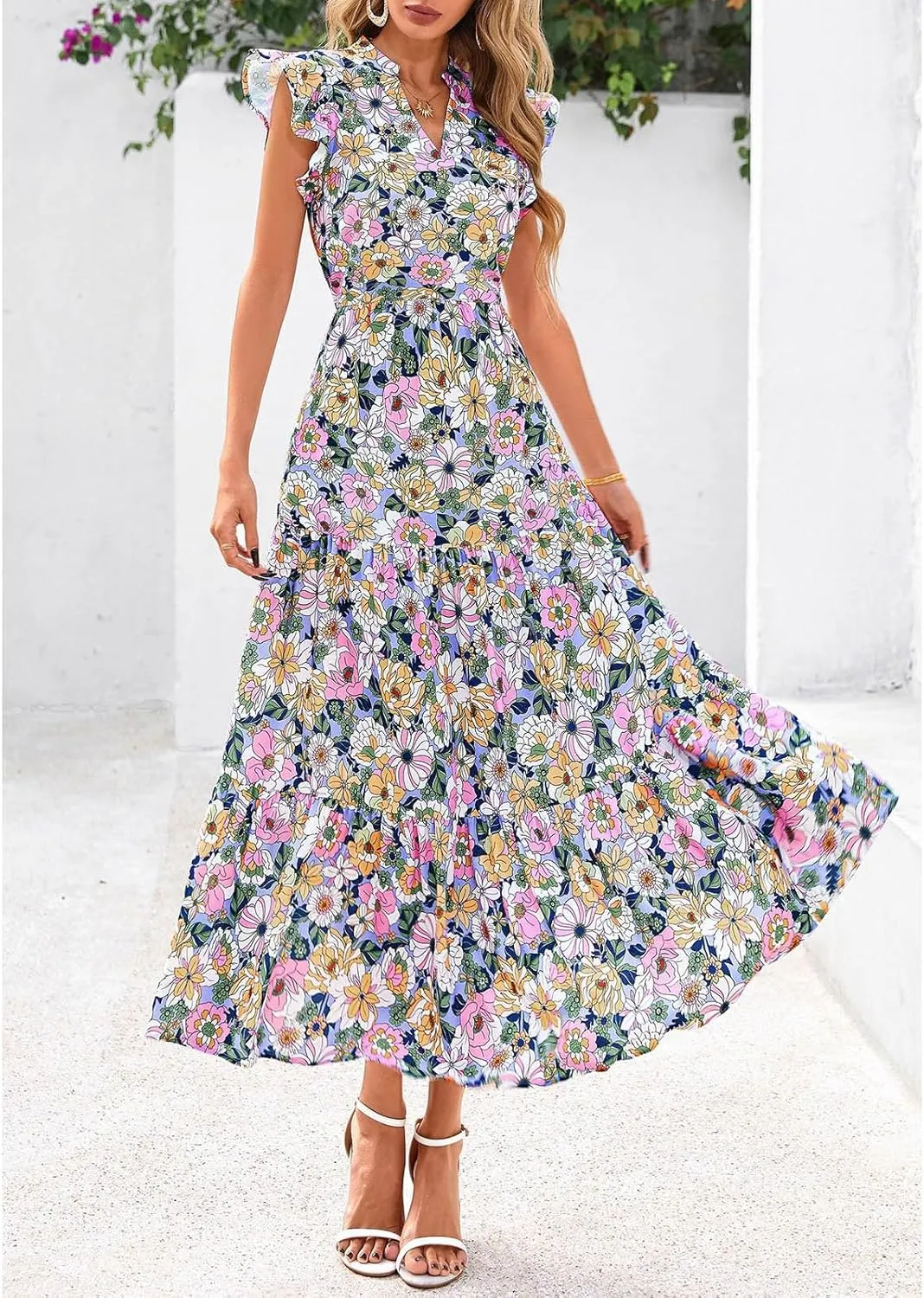 Summer Midi Dresses for Women 2025 Casual Boho Floral Beach Vacation Sundress V Neck Cap Sleeve Flowy Long Dresses