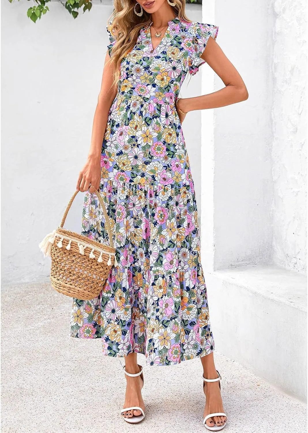 Summer Midi Dresses for Women 2025 Casual Boho Floral Beach Vacation Sundress V Neck Cap Sleeve Flowy Long Dresses