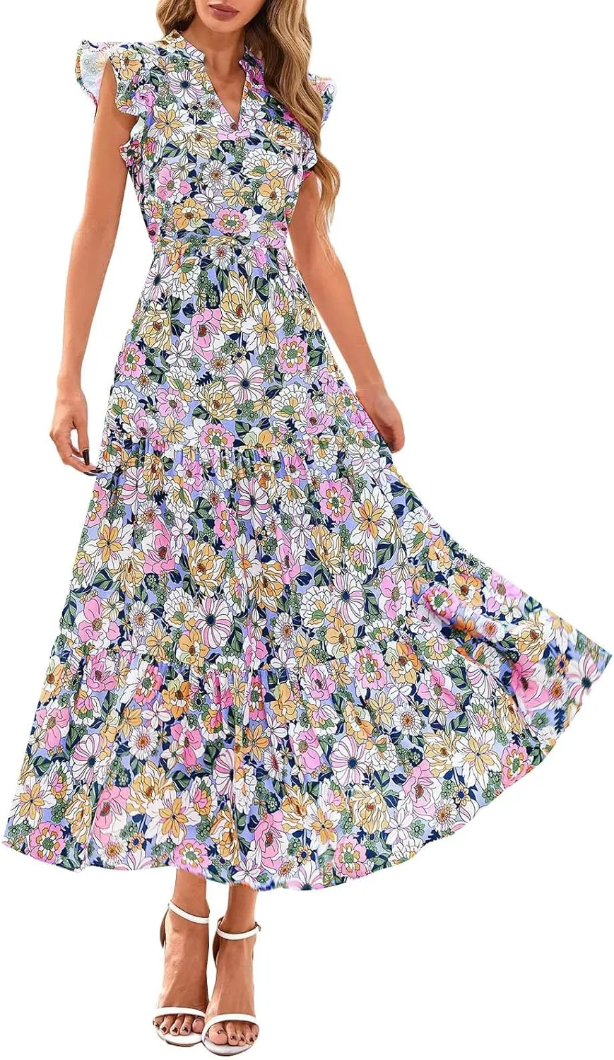 Summer Midi Dresses for Women 2025 Casual Boho Floral Beach Vacation Sundress V Neck Cap Sleeve Flowy Long Dresses