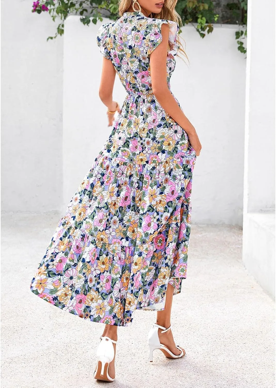 Summer Midi Dresses for Women 2025 Casual Boho Floral Beach Vacation Sundress V Neck Cap Sleeve Flowy Long Dresses