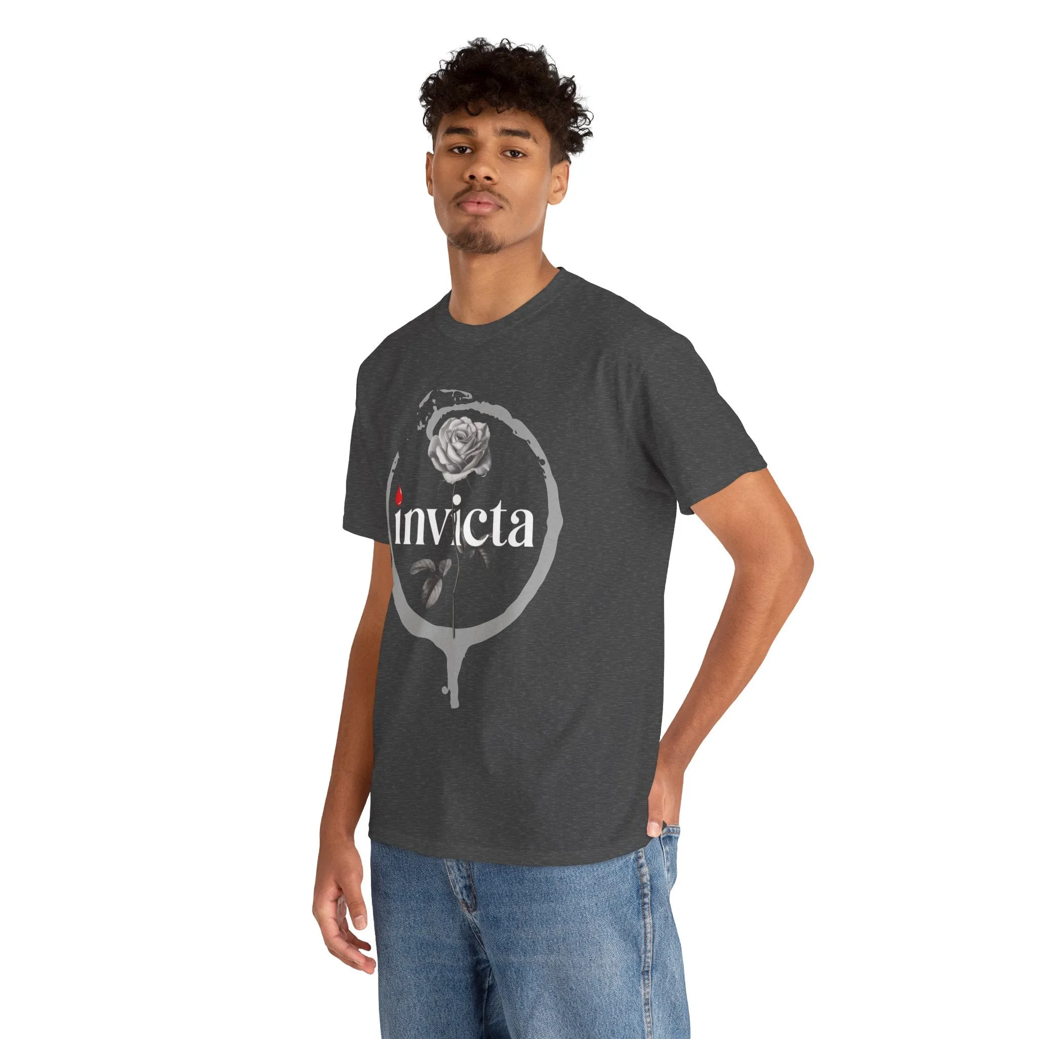 Unisex Heavy Cotton Tee - 'Invicta Rose' Graphic Bold Typography T-Shirt, Minimalist Floral Streetwear, Soft Casual Tee for Men and Women