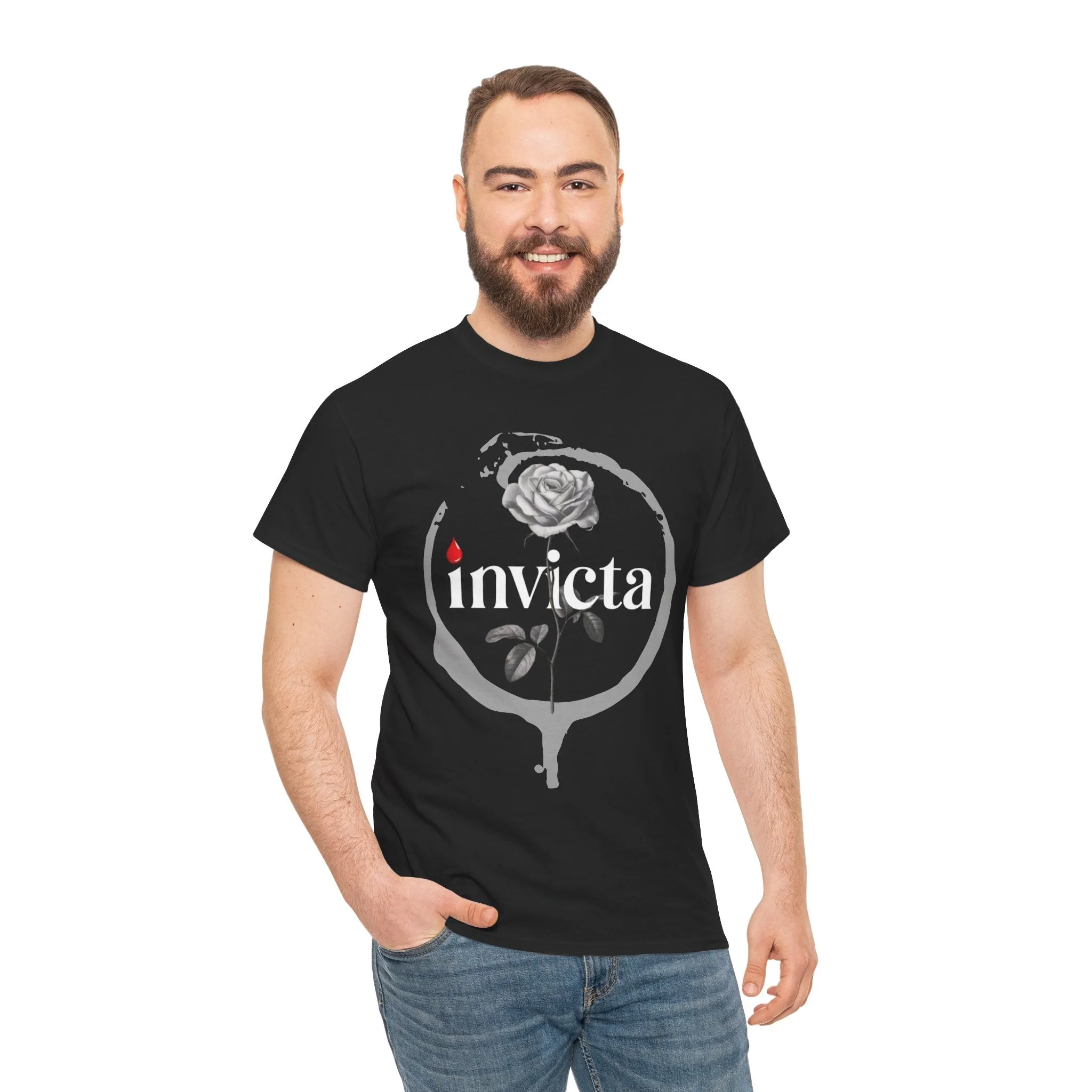 Unisex Heavy Cotton Tee - 'Invicta Rose' Graphic Bold Typography T-Shirt, Minimalist Floral Streetwear, Soft Casual Tee for Men and Women