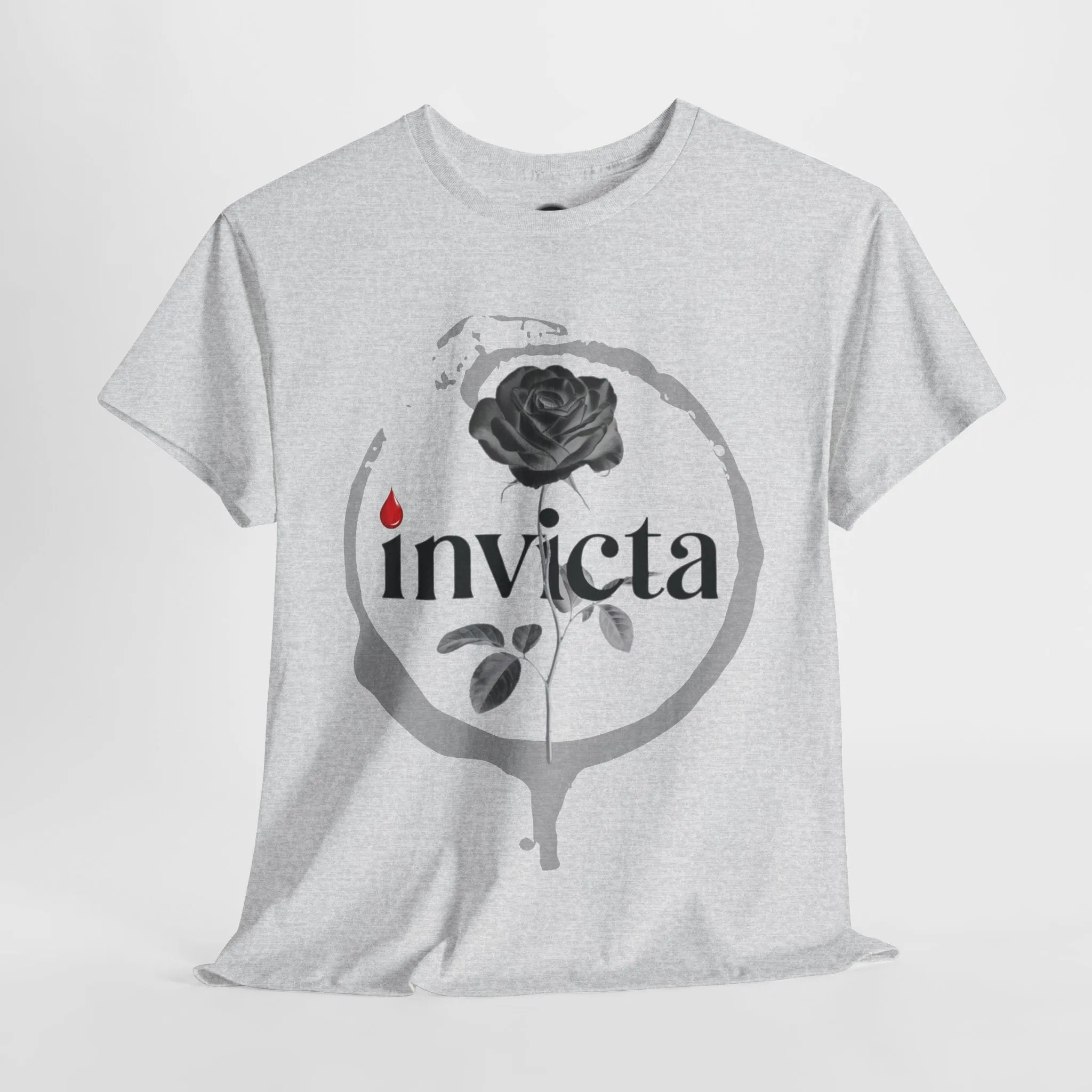 Unisex Heavy Cotton Tee - 'Invicta Rose' Graphic Bold Typography T-Shirt, Minimalist Floral Streetwear, Soft Casual Tee for Men and Women