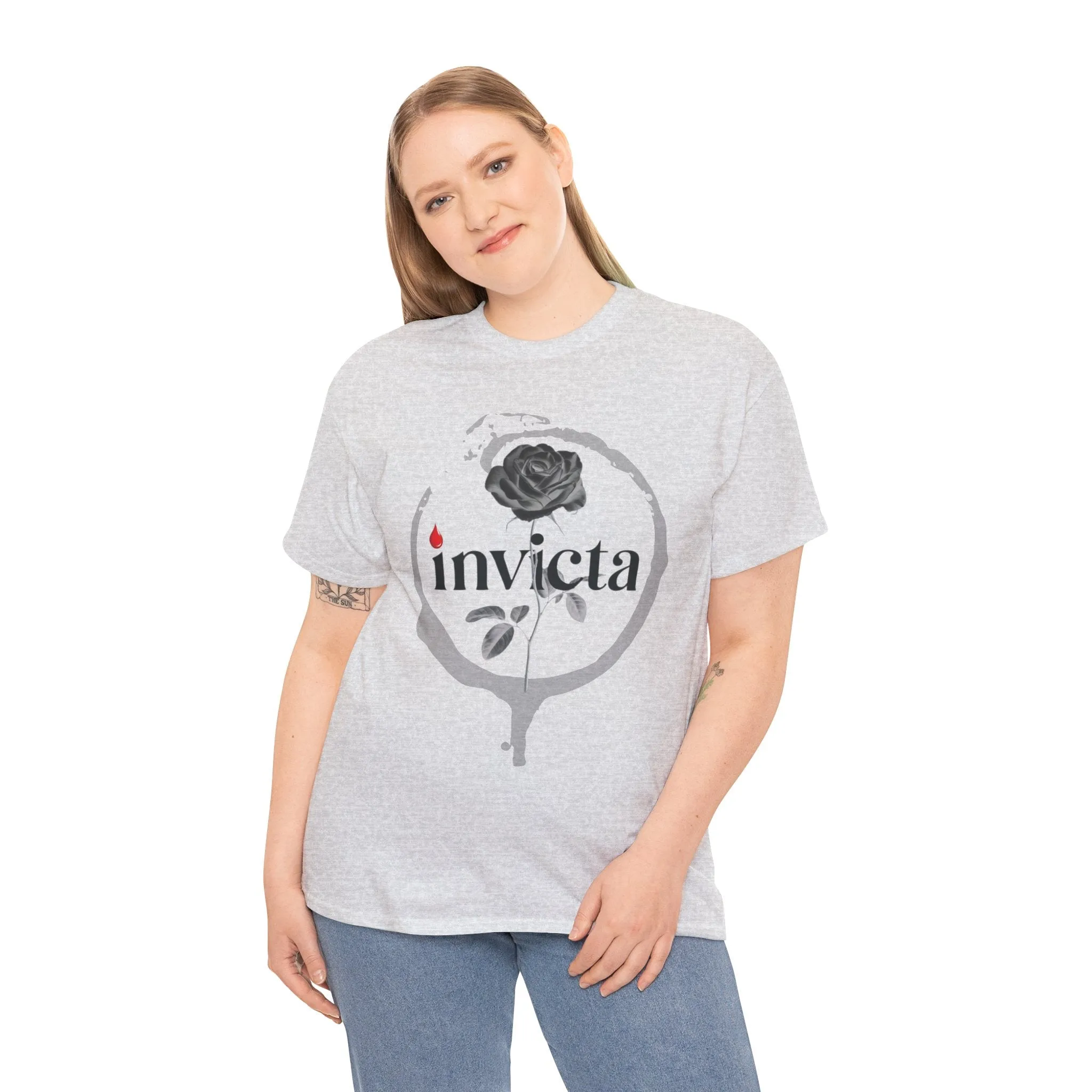 Unisex Heavy Cotton Tee - 'Invicta Rose' Graphic Bold Typography T-Shirt, Minimalist Floral Streetwear, Soft Casual Tee for Men and Women
