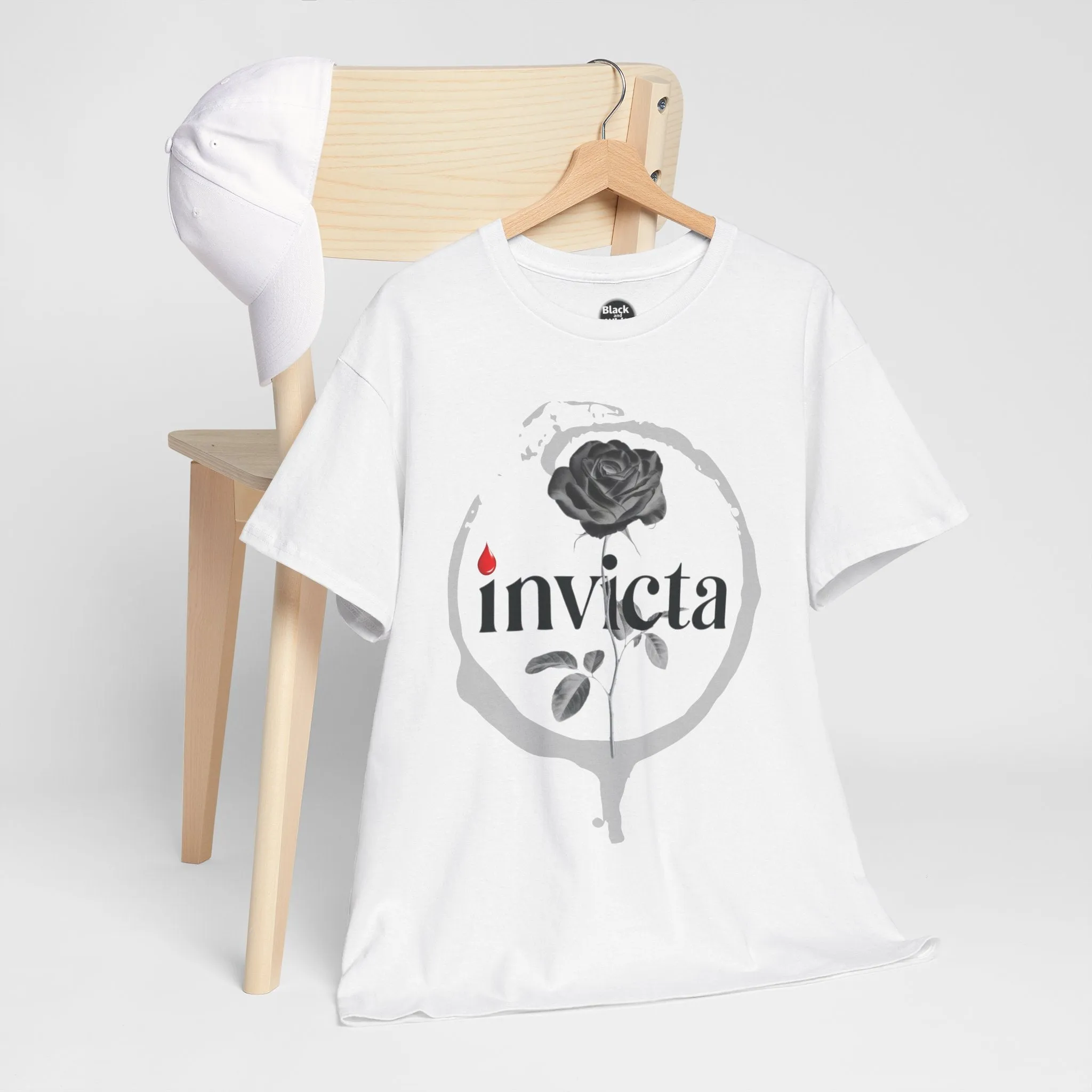Unisex Heavy Cotton Tee - 'Invicta Rose' Graphic Bold Typography T-Shirt, Minimalist Floral Streetwear, Soft Casual Tee for Men and Women