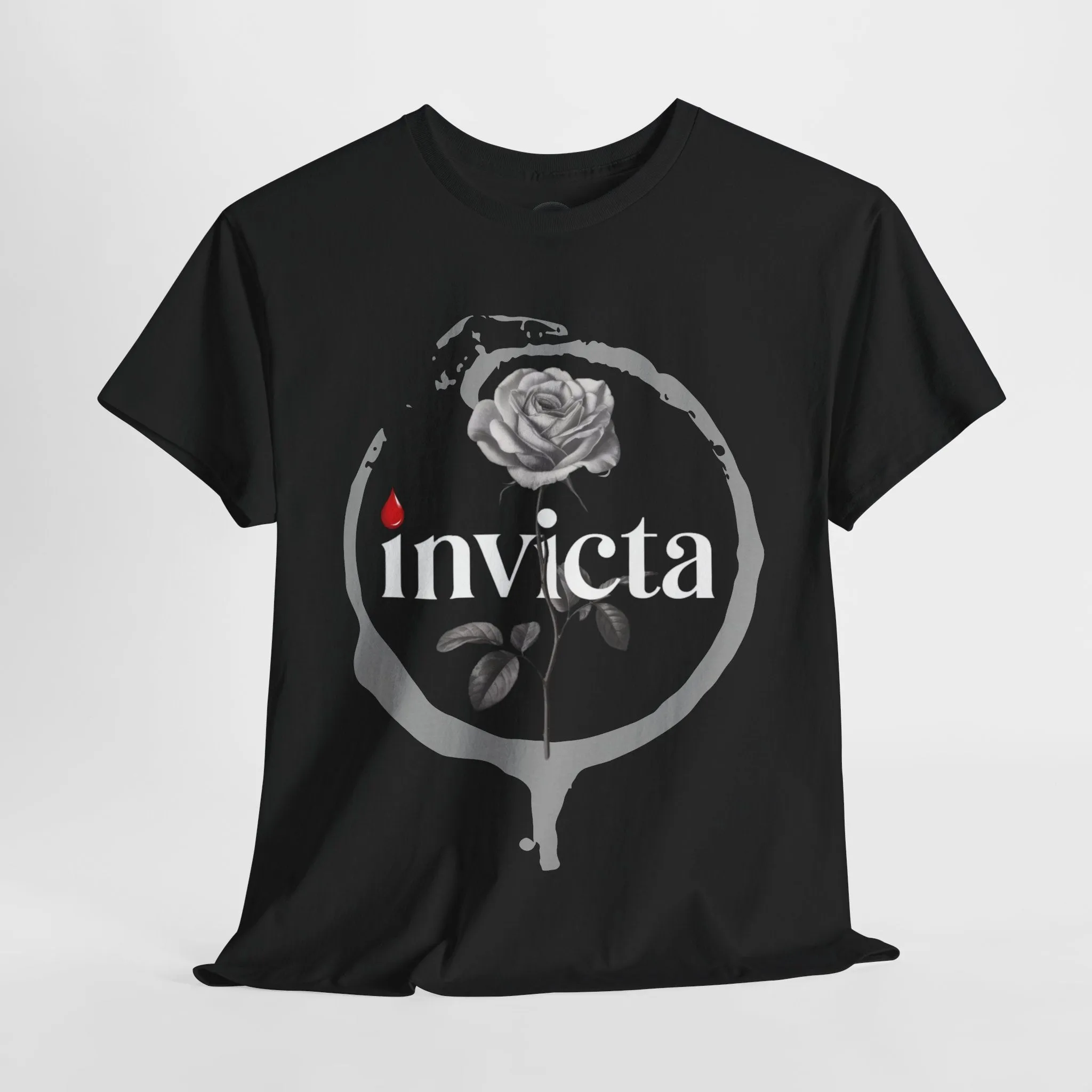 Unisex Heavy Cotton Tee - 'Invicta Rose' Graphic Bold Typography T-Shirt, Minimalist Floral Streetwear, Soft Casual Tee for Men and Women