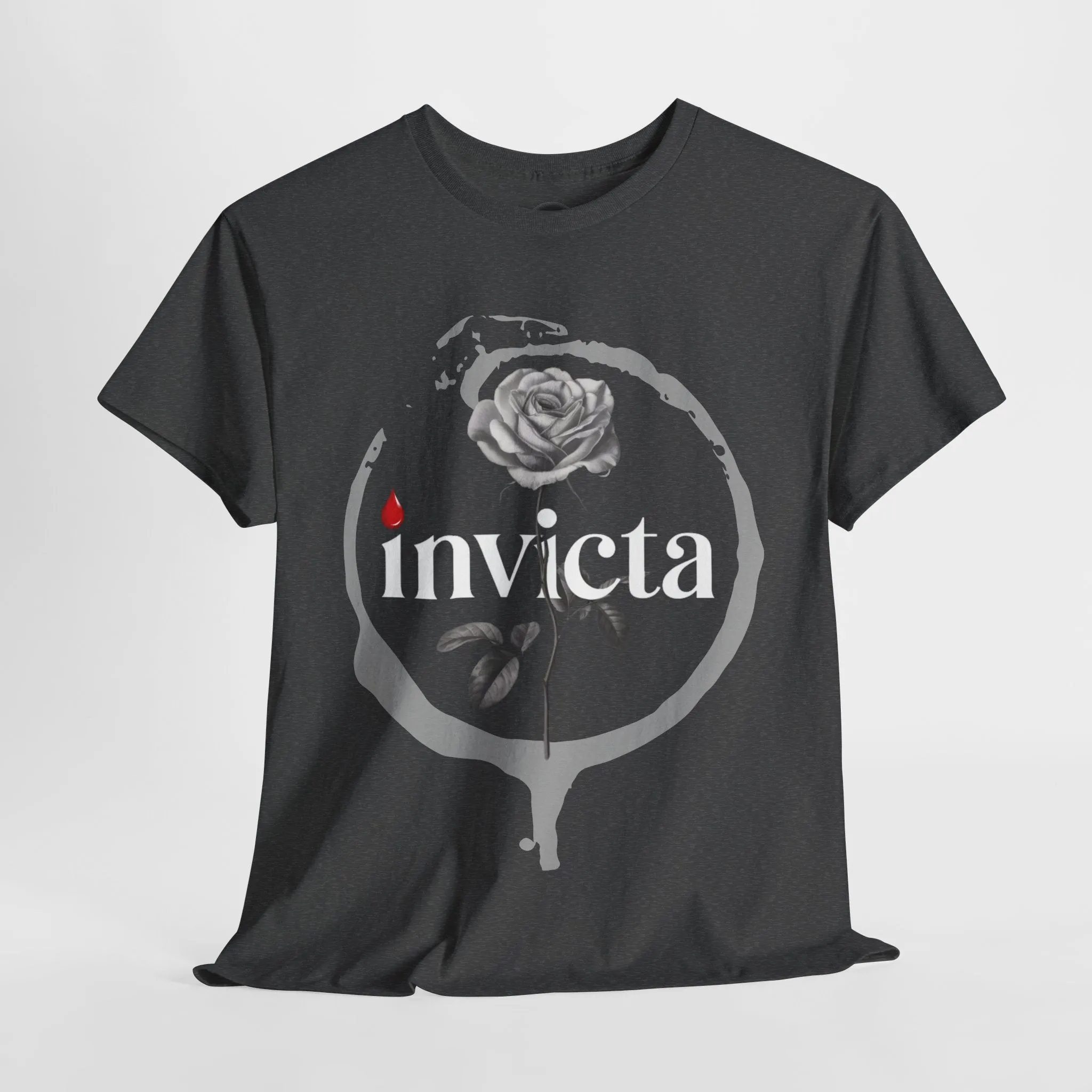 Unisex Heavy Cotton Tee - 'Invicta Rose' Graphic Bold Typography T-Shirt, Minimalist Floral Streetwear, Soft Casual Tee for Men and Women