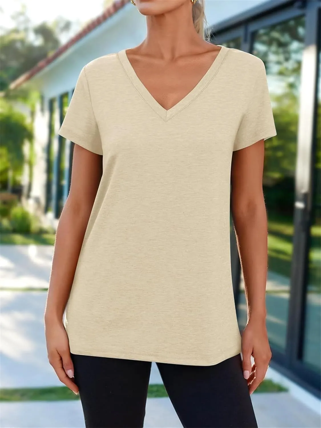 V Neck T Shirts for Women Cap Sleeve V Neck Tees Summer Cute Tops Casual Loose Fit Shirt Lightweight Soft Clothes