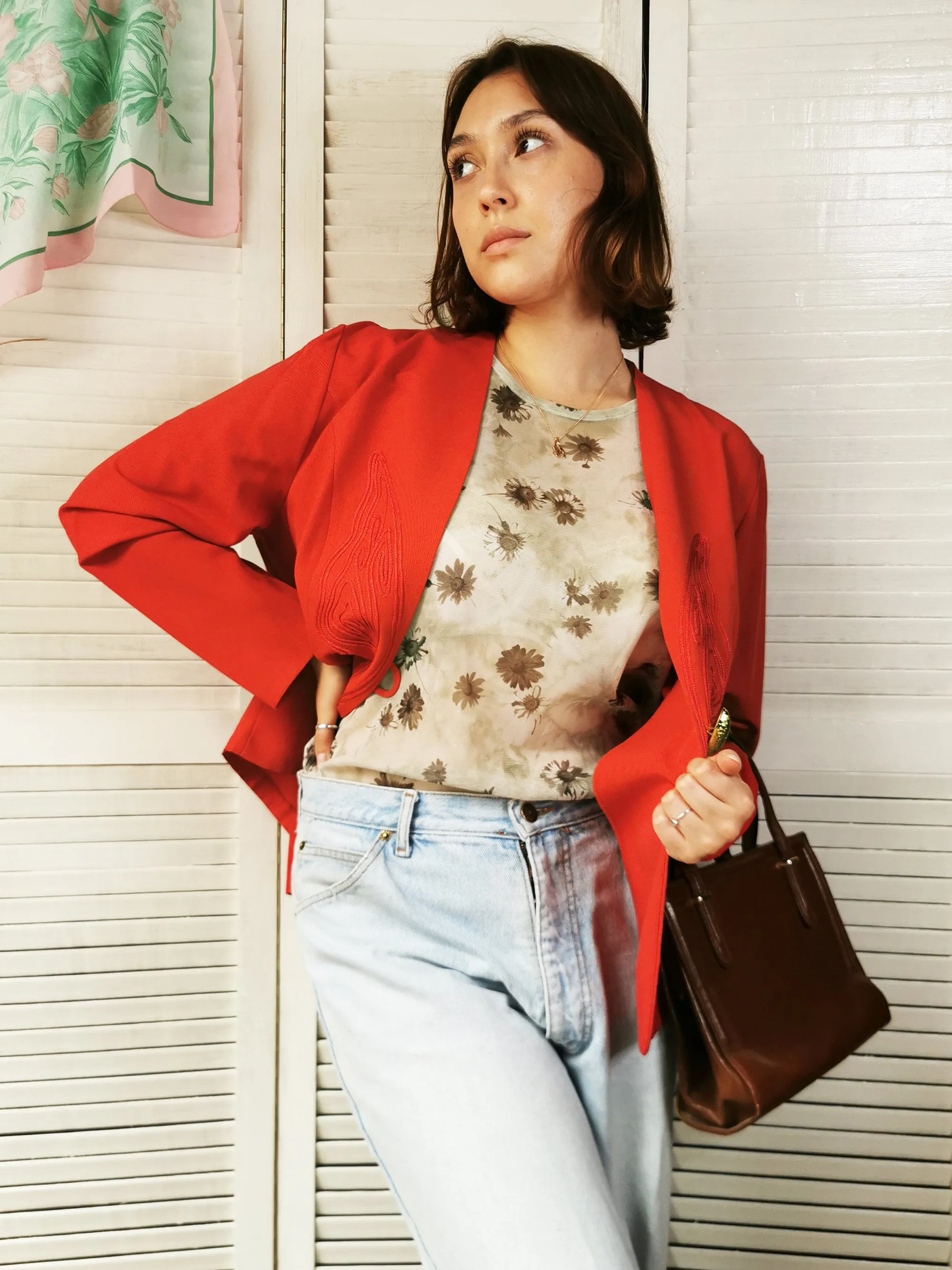 Vintage 80s red minimalist embroidered blazer jacket