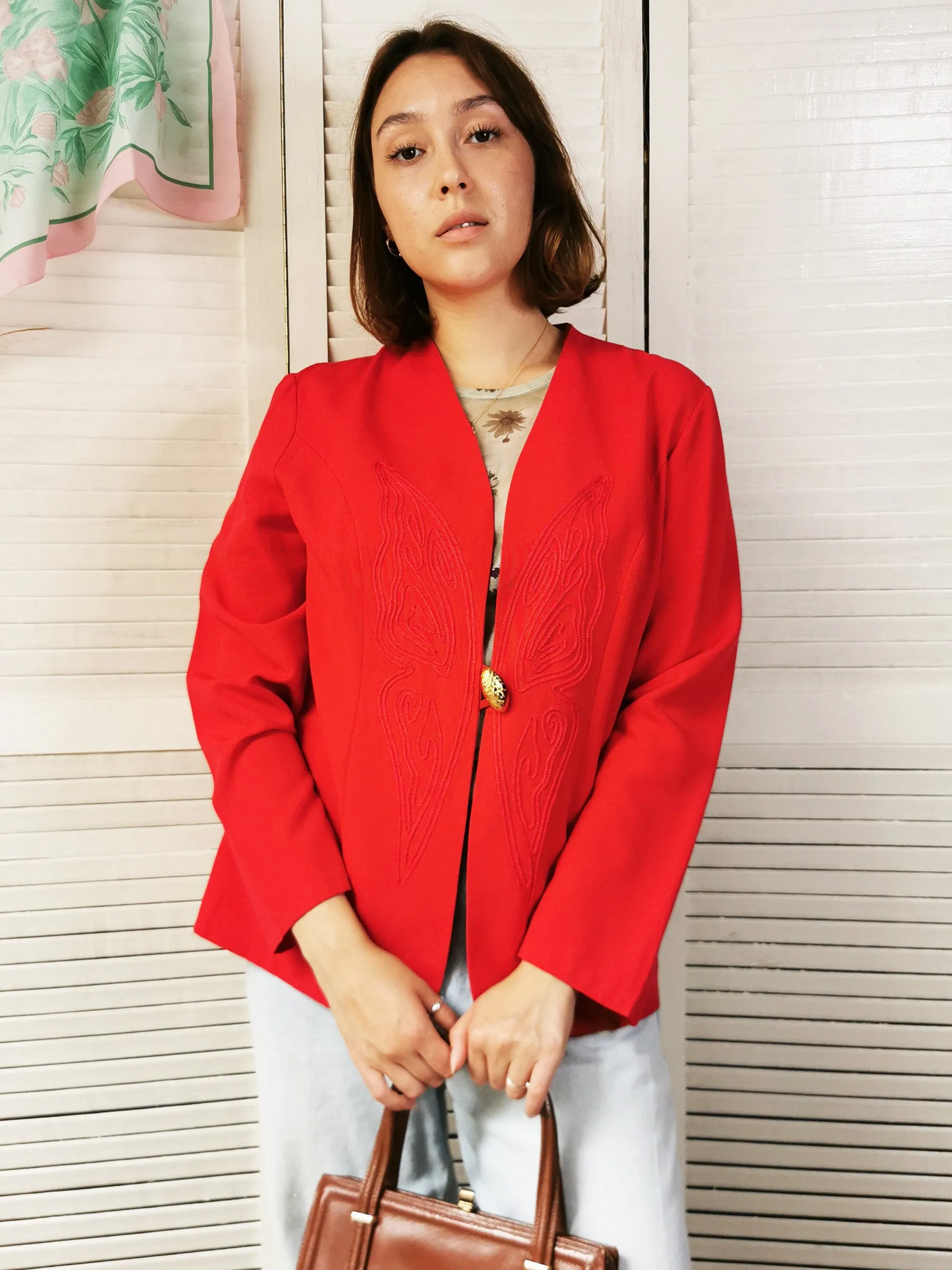 Vintage 80s red minimalist embroidered blazer jacket