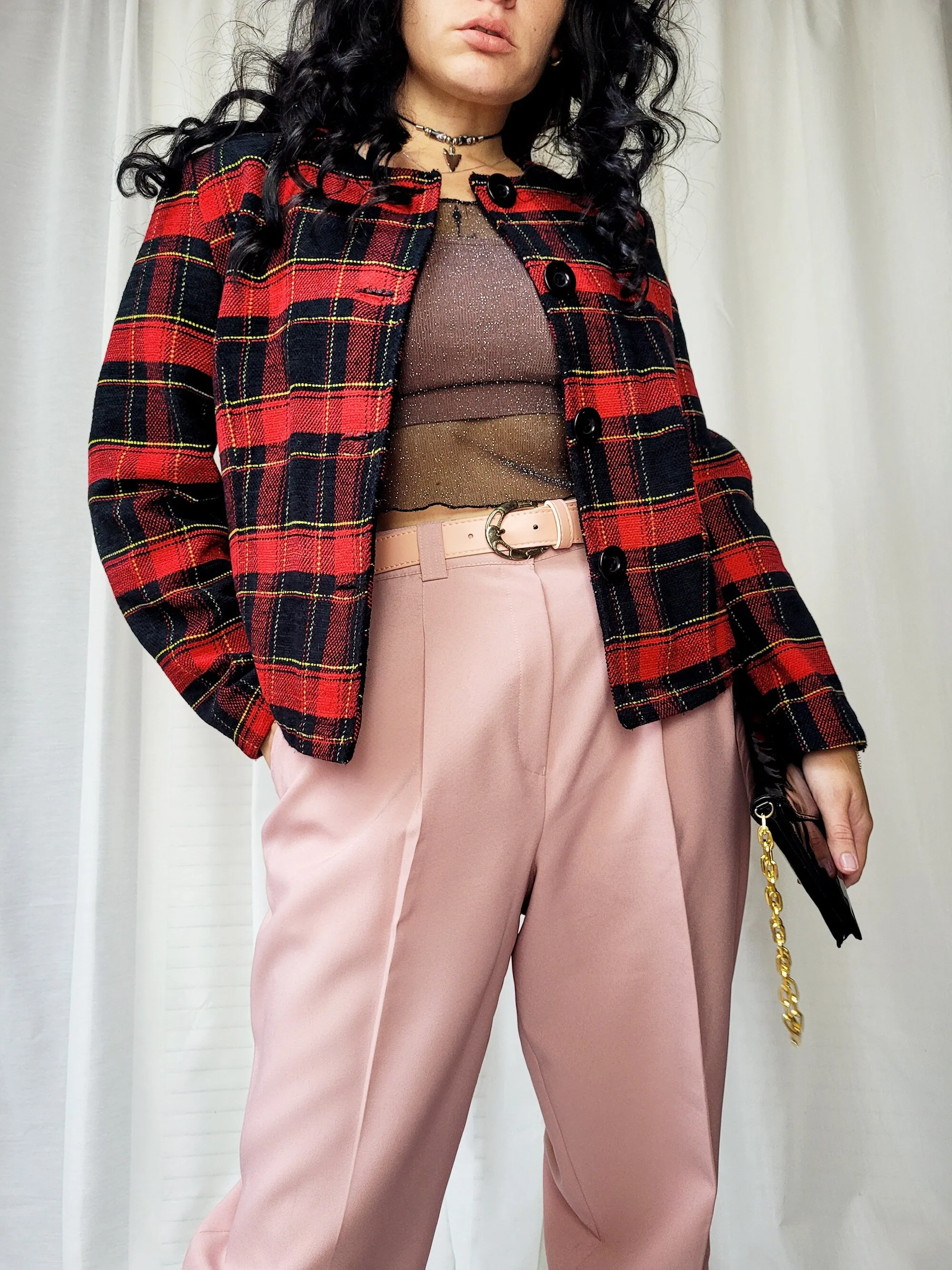 Vintage 90s red & black minimalist tartan blazer jacket