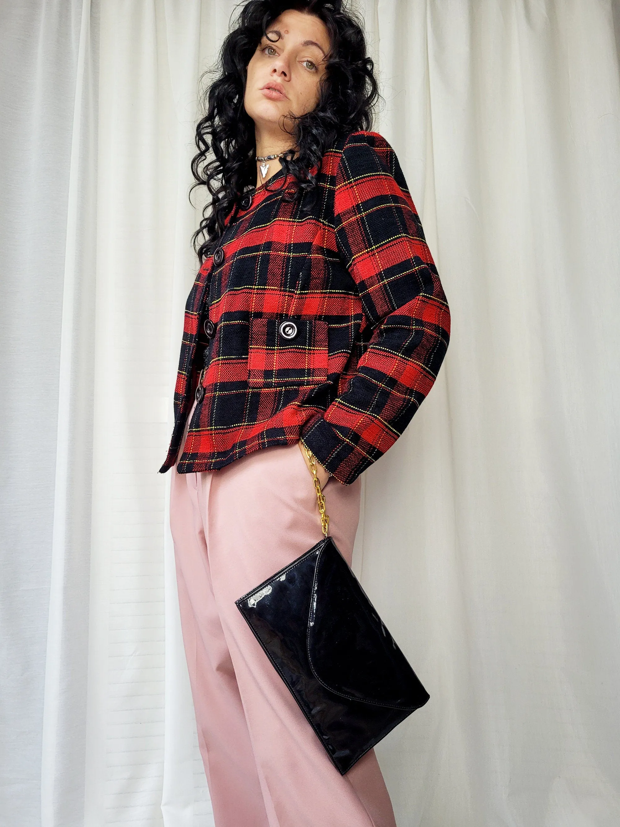 Vintage 90s red & black minimalist tartan blazer jacket
