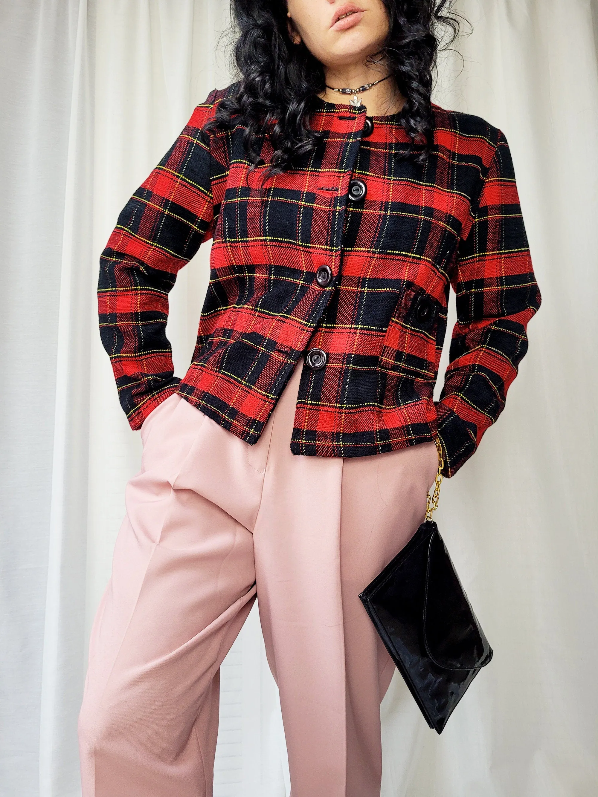Vintage 90s red & black minimalist tartan blazer jacket