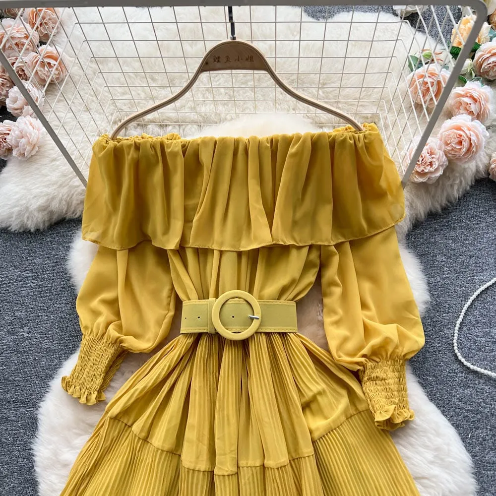 Vintage Pleated Slash Neck Off Shoulder High Waist Dress Long Sleeve Dress Chic Summer Beach Vestidos Women Vacation Sundress S4944836