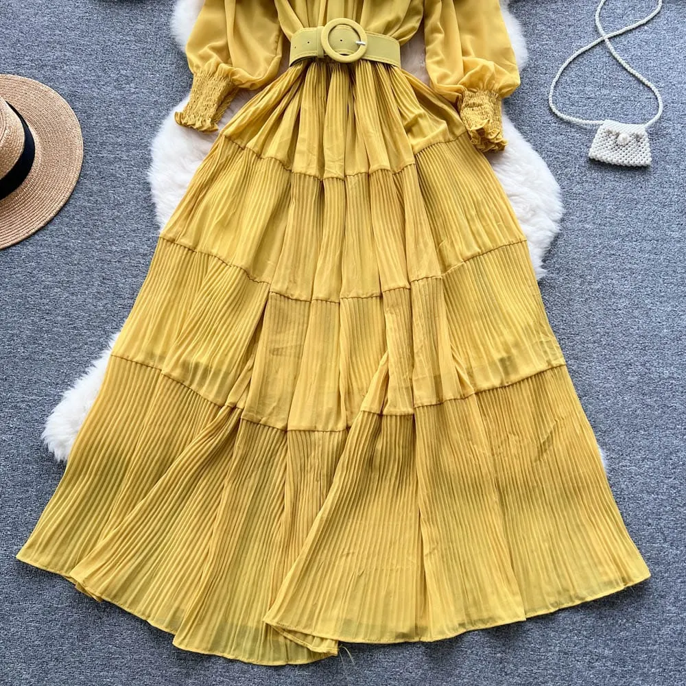 Vintage Pleated Slash Neck Off Shoulder High Waist Dress Long Sleeve Dress Chic Summer Beach Vestidos Women Vacation Sundress S4944836