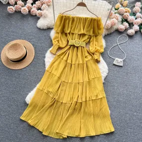 Vintage Pleated Slash Neck Off Shoulder High Waist Dress Long Sleeve Dress Chic Summer Beach Vestidos Women Vacation Sundress S4944836
