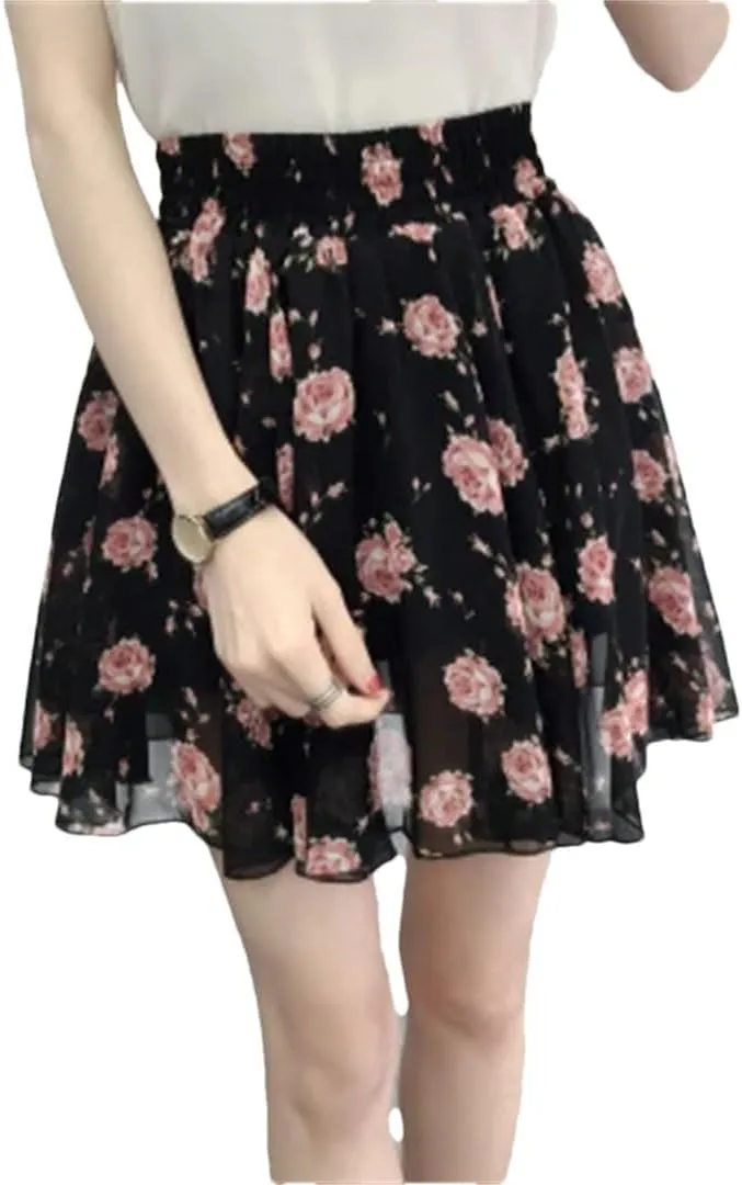 Women Pleated Leisure Chiffon Elegant Floral High Waist Mini Skirt Sweet