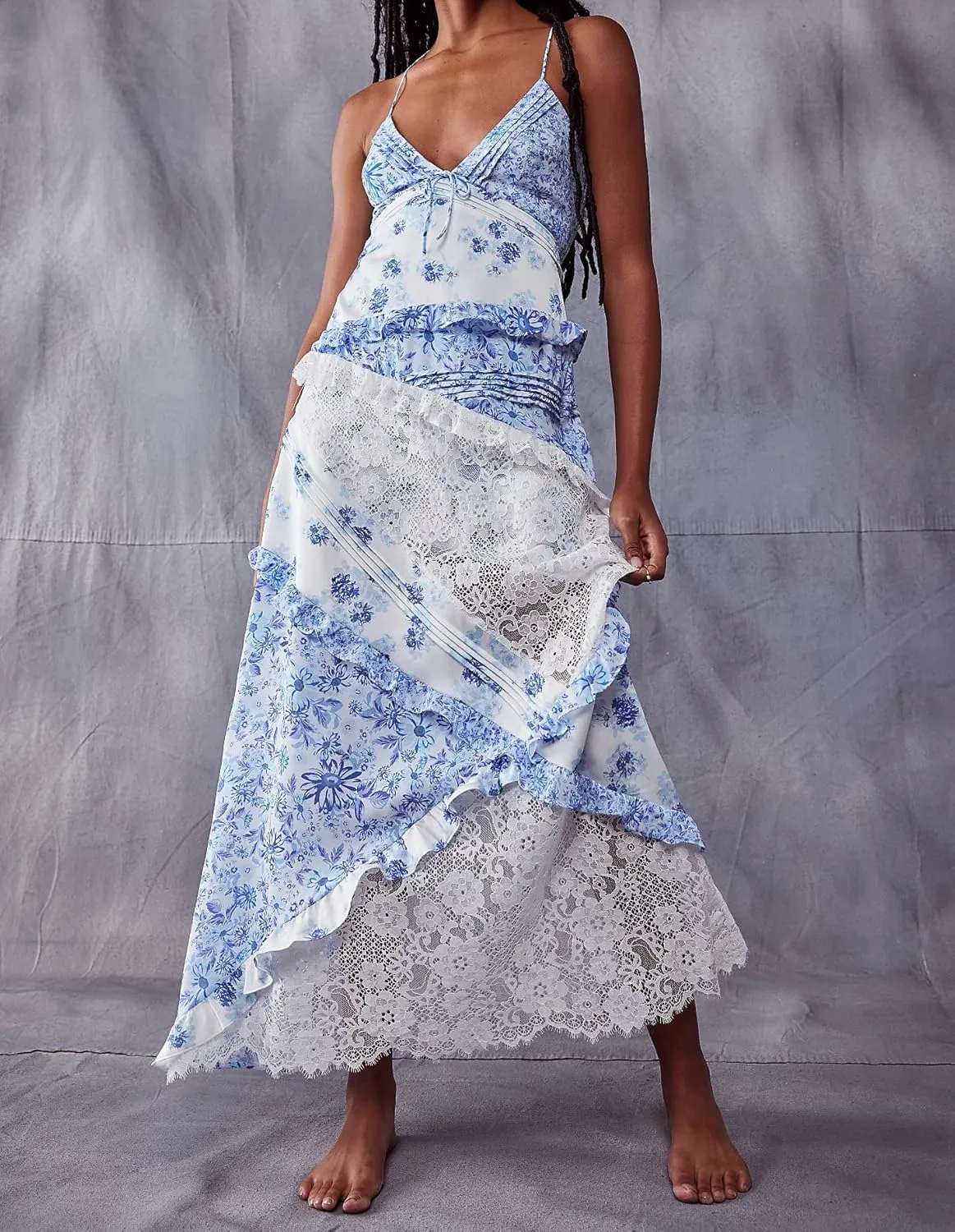 Women Tie Shoulder Boho Maxi Dress Floral Sleeveless Vacation Long Dress Summer Smocked Flowy Beach Sundresses