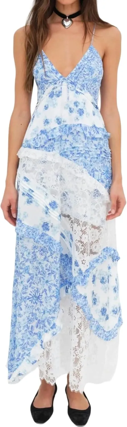 Women Tie Shoulder Boho Maxi Dress Floral Sleeveless Vacation Long Dress Summer Smocked Flowy Beach Sundresses