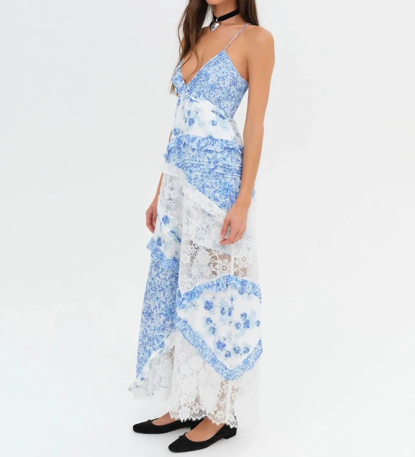 Women Tie Shoulder Boho Maxi Dress Floral Sleeveless Vacation Long Dress Summer Smocked Flowy Beach Sundresses