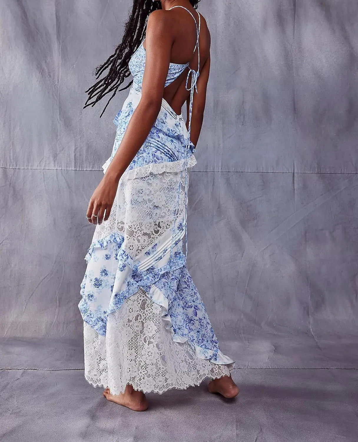 Women Tie Shoulder Boho Maxi Dress Floral Sleeveless Vacation Long Dress Summer Smocked Flowy Beach Sundresses