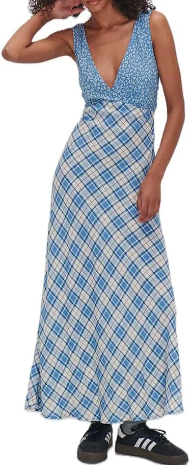 Women Y2k Deep V Neck Maxi Dress Casual Sleeveless Floral Flowy Long Tank Dress Summer Beach Boho Sundress