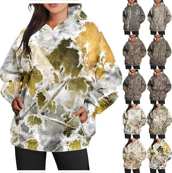 Womens Camo Hoodie Maple Leaf Print Fleece Pullover, Fashion Tie Dye Casual Fall Tops Hooded Sweatshirts, Oversized Outerwear