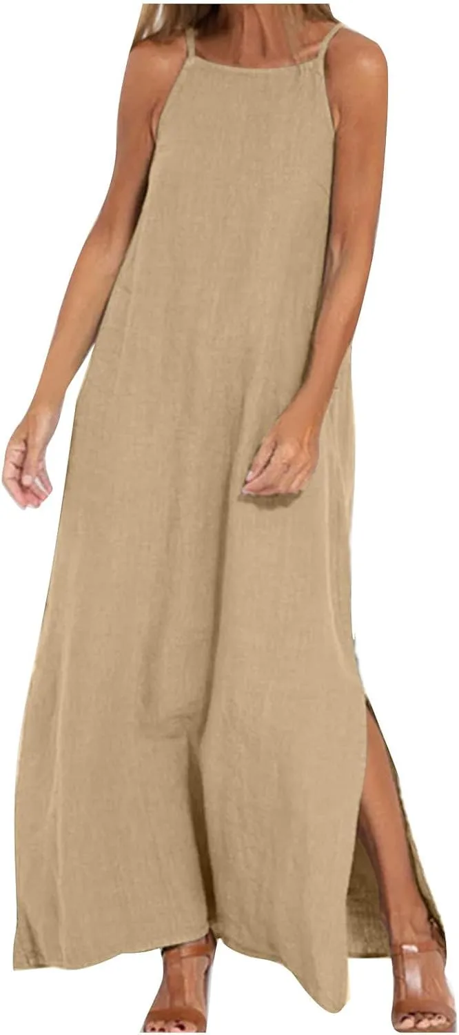 Women's Cotton Linen Maxi Dress Spaghetti Strap Sleeveless Beach Long Dresses Summer Loose Flowy Sundress