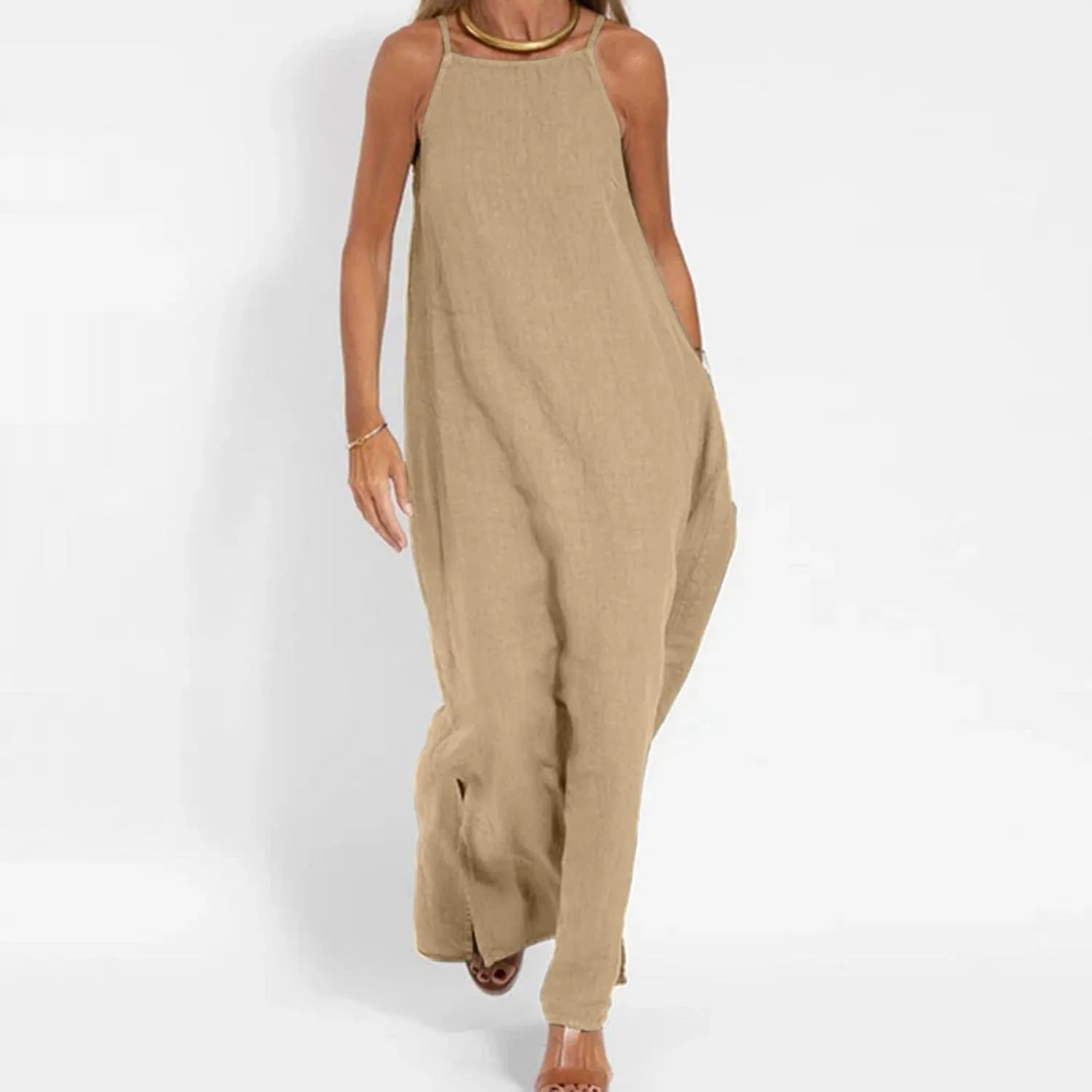 Women's Cotton Linen Maxi Dress Spaghetti Strap Sleeveless Beach Long Dresses Summer Loose Flowy Sundress