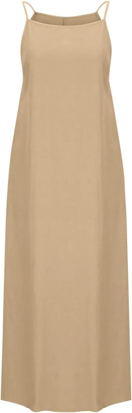 Women's Cotton Linen Maxi Dress Spaghetti Strap Sleeveless Beach Long Dresses Summer Loose Flowy Sundress