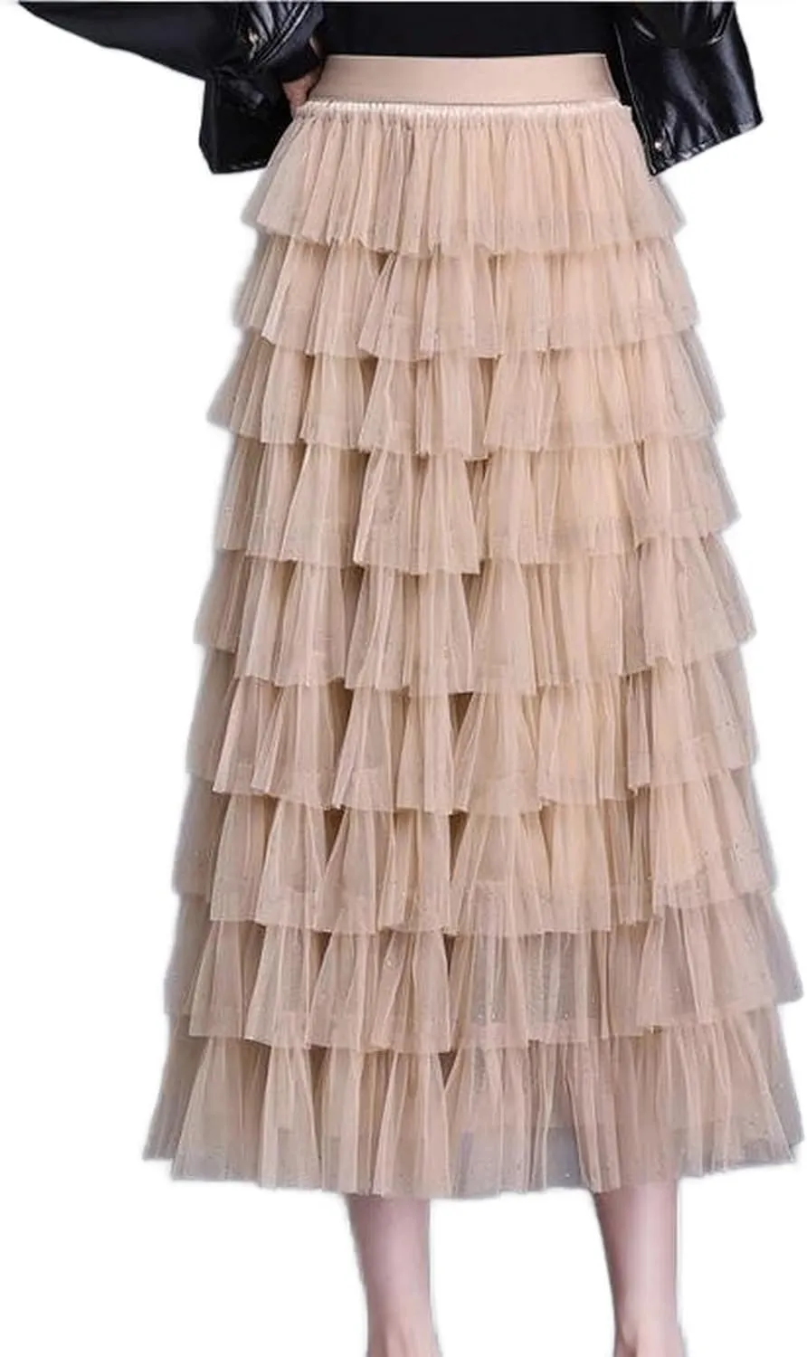Women's Long Tulle Fairy Skirt Tiered Layered Ruffle Mesh Tutu Long Skirt Cute Cake Skirts