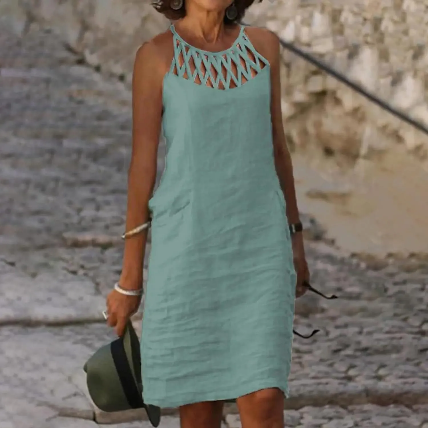 Women's Sleeveless Cut - Out Neckline Mini Dresses 2025 Casual Summer Chic Shift Dress for City Walks, Shopping Dates