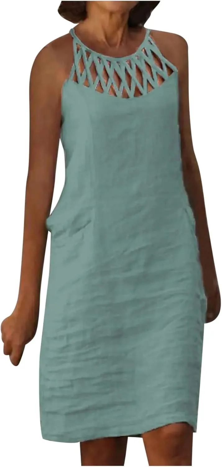 Women's Sleeveless Cut - Out Neckline Mini Dresses 2025 Casual Summer Chic Shift Dress for City Walks, Shopping Dates