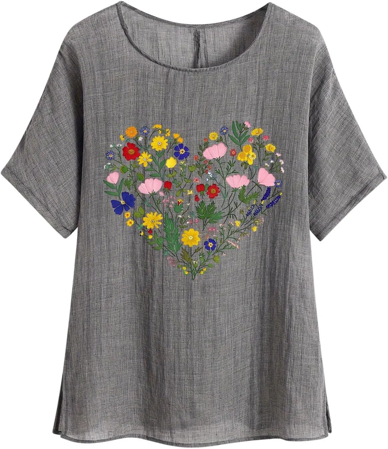 Womens Tshirts Cotton Loose Fit Lightweight Linen Blouses Soft Shirts Fashion Flower Print Casual Summer Blouse Tee