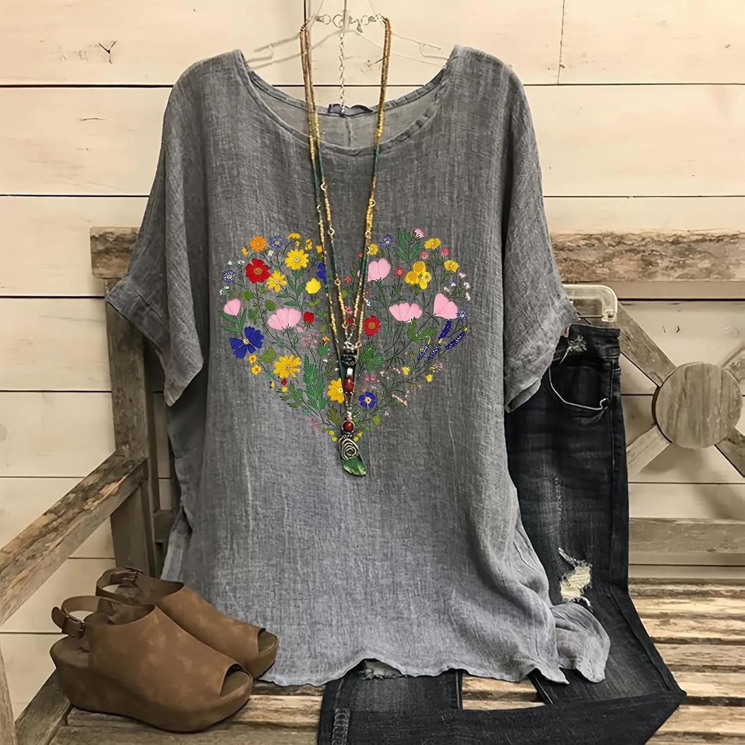 Womens Tshirts Cotton Loose Fit Lightweight Linen Blouses Soft Shirts Fashion Flower Print Casual Summer Blouse Tee