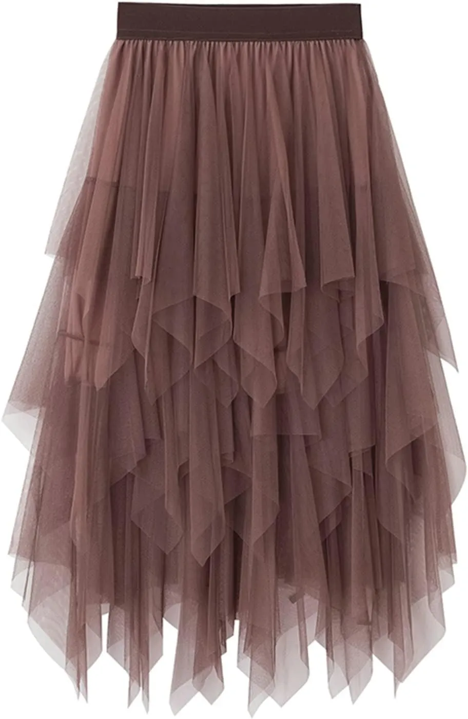 Women's Tulle Skirt Asymmetrical Pleated Elastic High Waist Layered Tutu Skirt Casual Cocktail Party A-Line Mesh Midi Skirt
