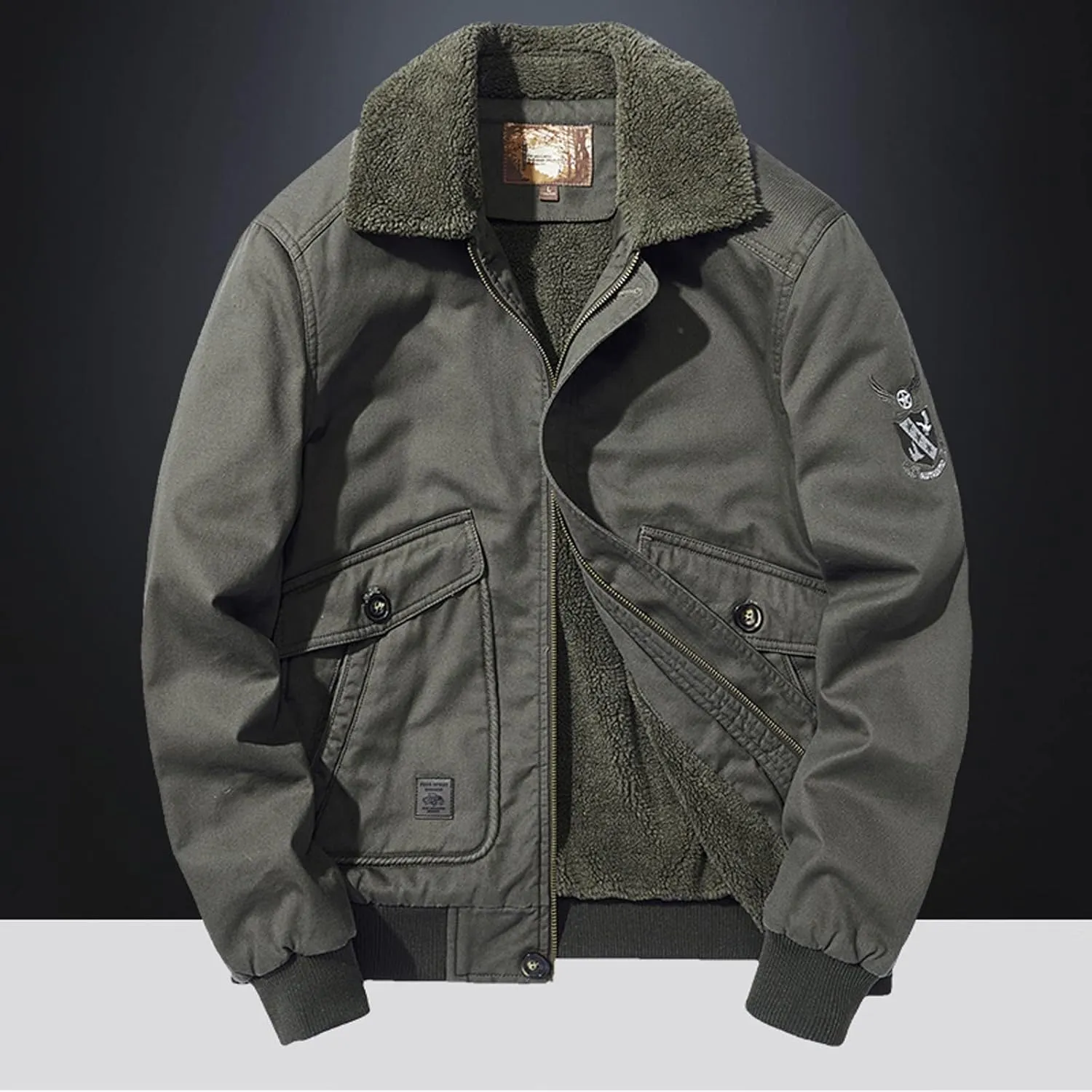 XUNRYAN Mens Winter Warm Jackets Sherpa Fleece Lined Thicken Bomber Jackets Long Sleeve Outdoor Versatile Tactical Coats