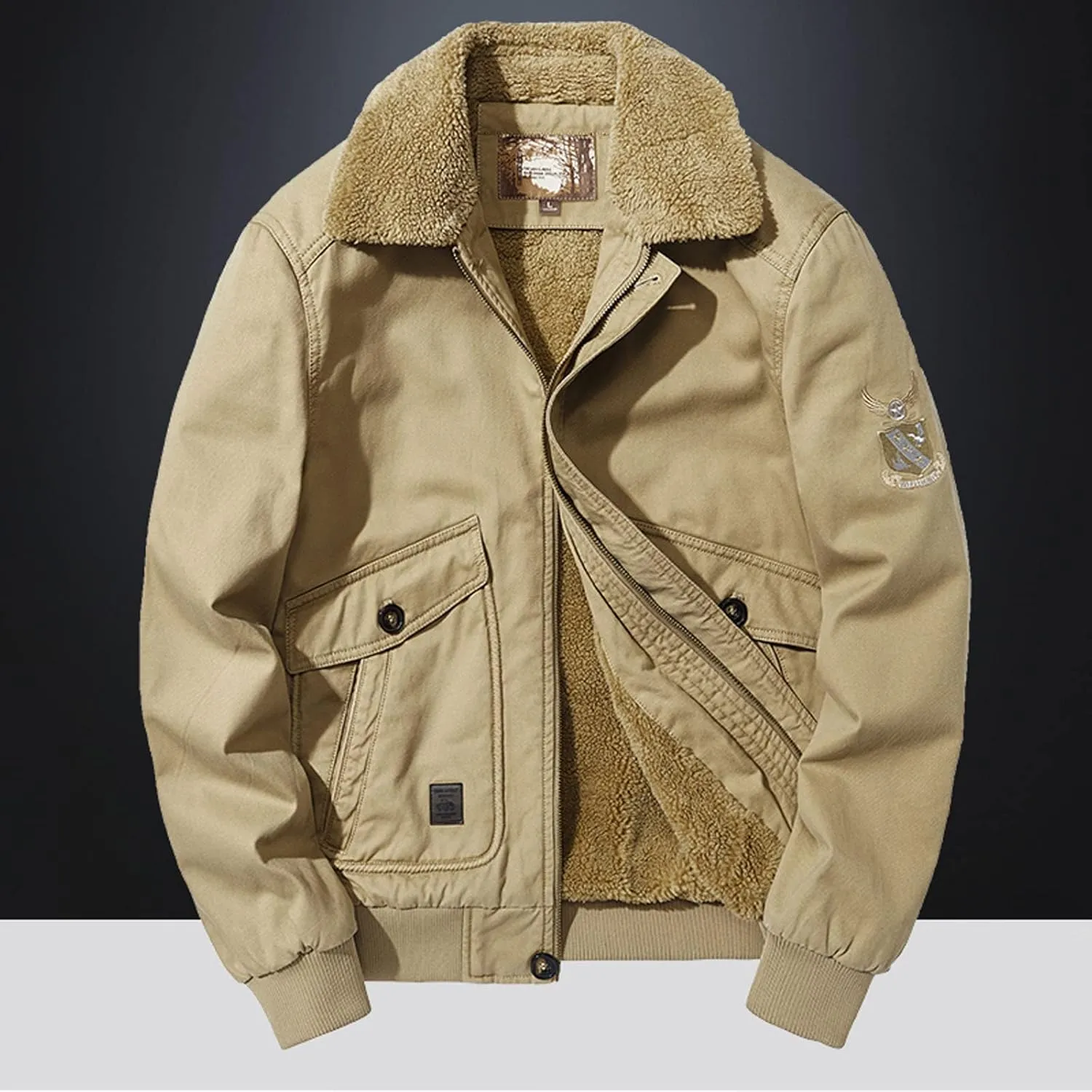 XUNRYAN Mens Winter Warm Jackets Sherpa Fleece Lined Thicken Bomber Jackets Long Sleeve Outdoor Versatile Tactical Coats